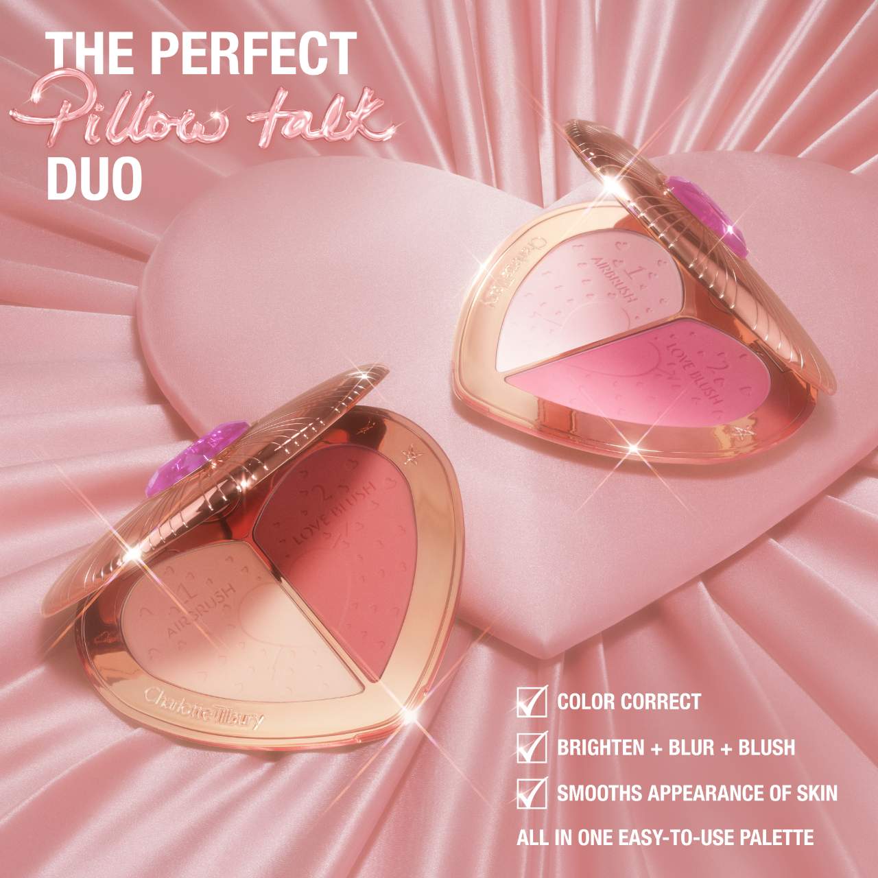 Pillow Talk Beauty Soulmates Airbrush Flawless Finish Brightening and Blush Powder Palette (Rubor y Polvo Compacto)